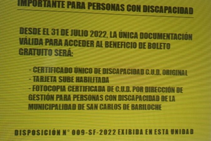 Reiteran información relativa a la documentación que permite acceder al boleto gratuito para personas con discapacidad